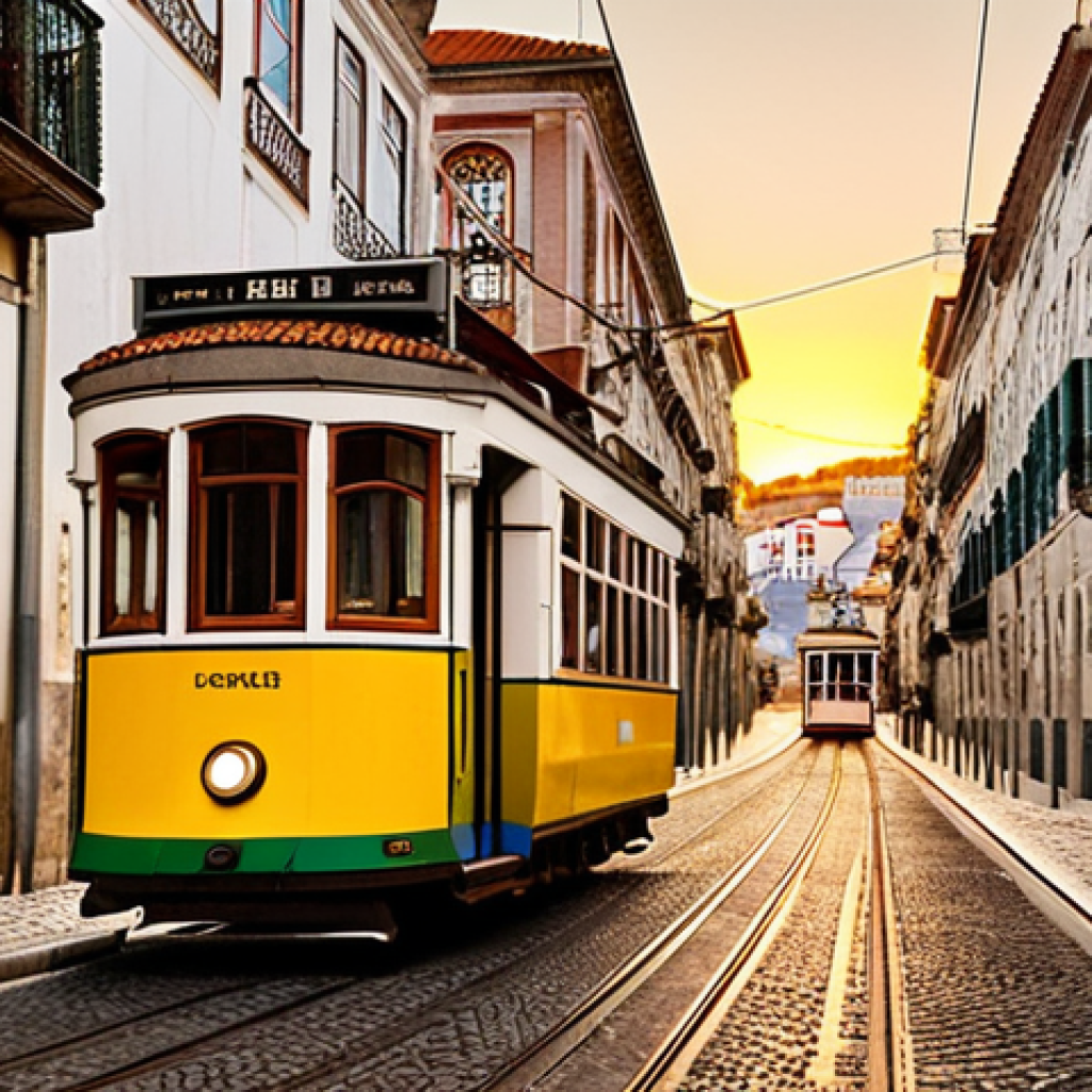 **

*   **Prompt:** A vibrant, narrow street in Lisbon, Portugal, with traditional Portuguese houses. A vintage tram is moving down the street. Fado music is playing softly in the background. The golden light of sunset bathes the scene.

**