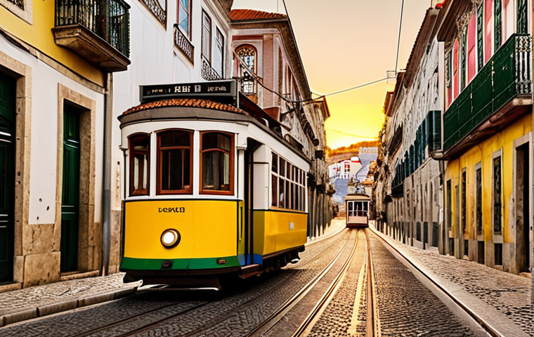 **
* **Prompt:** A vibrant, narrow street in Lisbon, Portugal, with traditional Portuguese houses. A vintage tram is moving down the street. Fado music is playing softly in the background. The golden light of sunset bathes the scene.
**