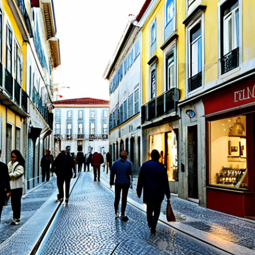 Príncipe Real, Lisbon**

"A charming street scene in Príncipe Real, Lisbon, Portugal, during the late afternoon. Quaint shops with design goods spill onto the sidewalks. Elegant, historic buildings line the street, bathed in warm sunlight. People are strolling and enjoying the atmosphere. Fully clothed people are browsing art galleries. Safe for work. Appropriate content. Fully clothed. Professional quality. Natural proportions. Correct anatomy."

**