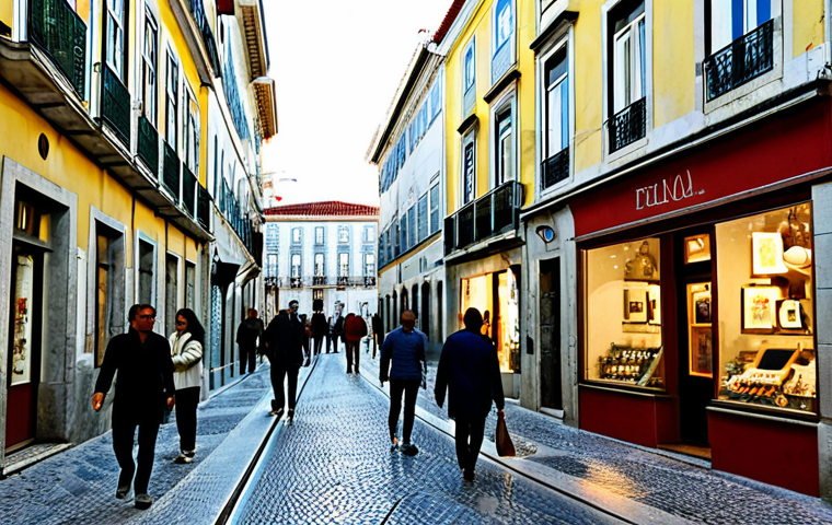 Príncipe Real, Lisbon**

"A charming street scene in Príncipe Real, Lisbon, Portugal, during the late afternoon. Quaint shops with design goods spill onto the sidewalks. Elegant, historic buildings line the street, bathed in warm sunlight. People are strolling and enjoying the atmosphere. Fully clothed people are browsing art galleries. Safe for work. Appropriate content. Fully clothed. Professional quality. Natural proportions. Correct anatomy."

**